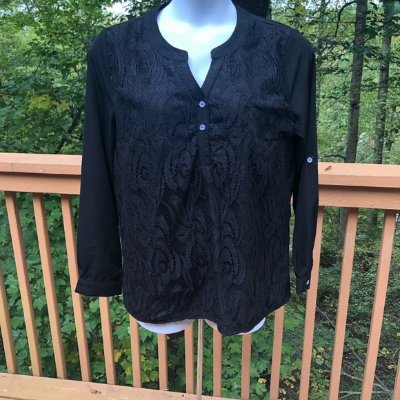 Black Pattern Button Up Back High Low Long Sleeve Top Blouse Shirt XXL - Picture 2 of 5
